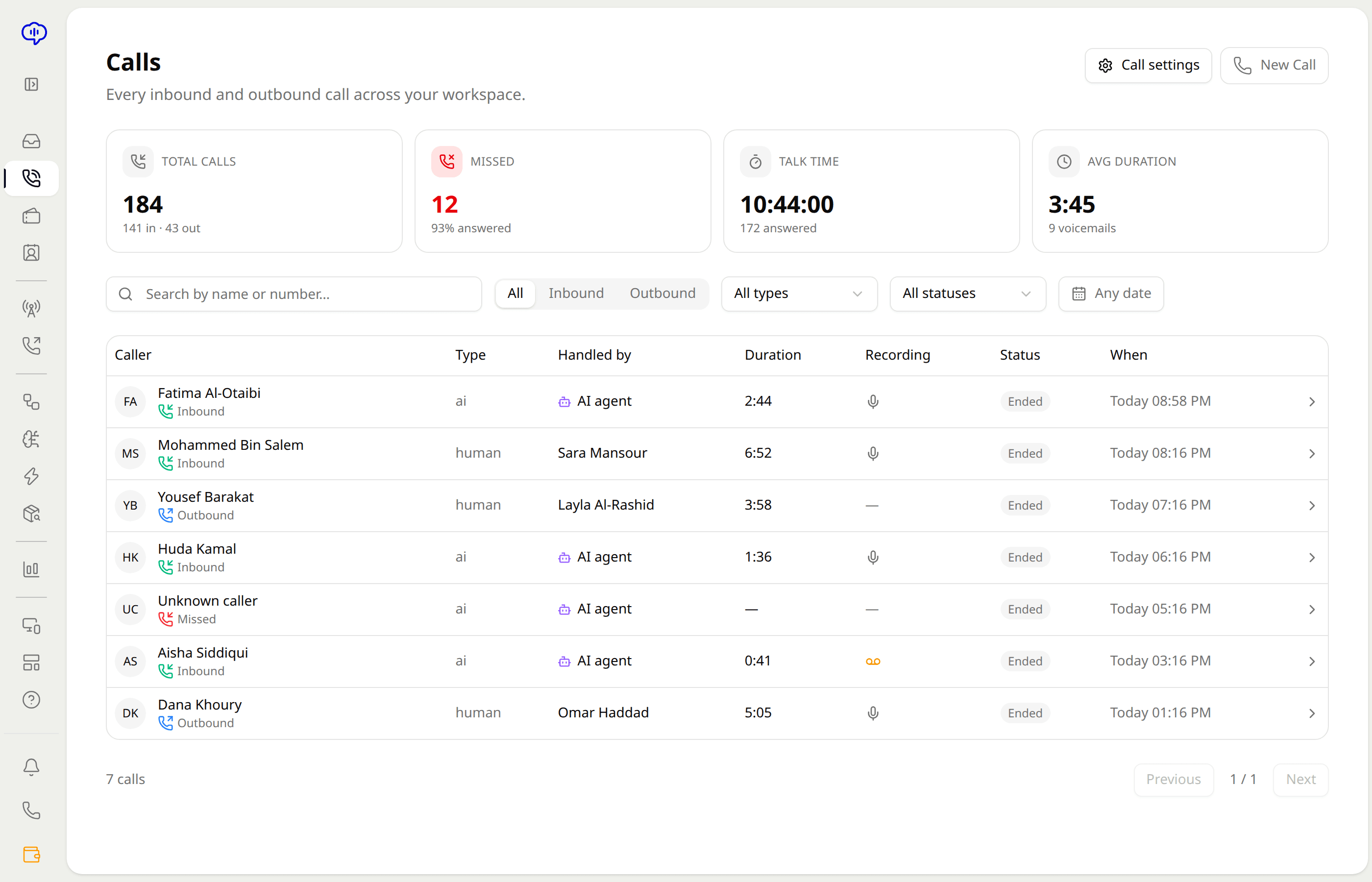 The call console with a live transcript on the customer record